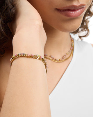 Colar em aço inoxidável banhado a ouro com jade rosa e limão Mys_2 - 3