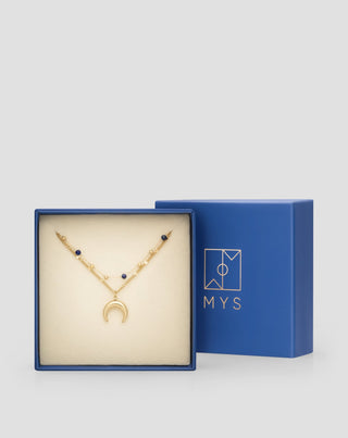 Colar em aço inoxidável dourado com lua crescente e lapis lazuli Mys - 5