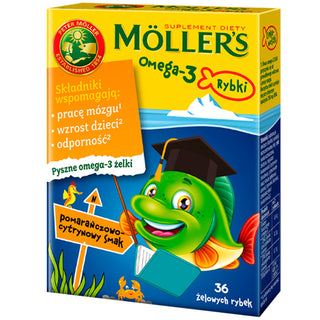 Suplemento alimentar com ácidos gordos ómega 3 Moller's fish 36 jelly beans com sabor a laranja e limão - 1