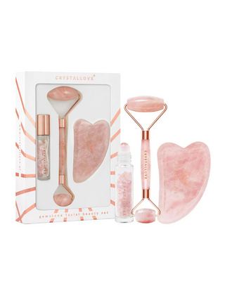 Rolo facial + placa de gua sha + frasco roll-on Conjunto de beleza em quartzo rosa Crystallove - 1