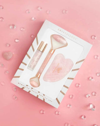 Rolo facial + placa de gua sha + frasco roll-on Conjunto de beleza em quartzo rosa Crystallove - 2