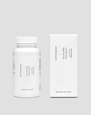 Glicina suplemento para apoio à qualidade do sono e facilitação do adormecer, regeneração e produção de colagénio 1000 mg/dia Nutridome 60 unidades.