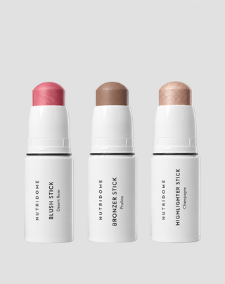 Conjunto de maquilhagem e contorno para o rosto: bronzer, blush e iluminador em stick, Nutridome