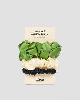 Conjunto de elásticos para cabelo em seda 100% natural - verde, creme, preto Twisty 3 pcs. - 1